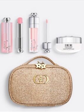 NIB- Dior Pink Lip Balm & Gloss Duo with Gold Raffia Cosmetic Pouch- Limited